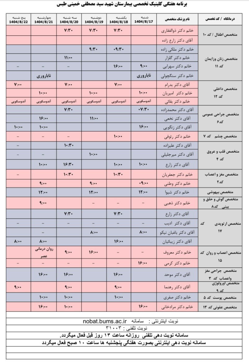 💢برنامه هفتگی کلینیک تخصصی بیمارستان شهید سید مصطفی خمینی طبس ☎️تلفن نوبت دهی: ۳۱۰۰۳ ✅نوبت دهی تلفنی روزانه ساعت ۱۳ روز قبل فعال میگردد ✅ نوبت دهی اینترنتی هفتگی پنجشنبه ها ساعت ۱۰ صبح فعال میگردد 🔹 نوبت دهی سونوگرافی ساعت ۱۲:۰۰ روز قبل فعال می گردد. 🔹 نوبت دهی ام ار آی ( MRI) همه روزه بجز ایام تعطیل صبح ها از ساعت ۸ تا ۱۳ با شماره گیری تلفن ۳۲۳۸۳۰۲۸ و یا بصورت حضوری با مراجعه به واحد سونوگرافی ☎️ تلفن اطلاعات کلینیک تخصصی ۳۲۳۸۳۰۱۱ ۳۲۳۸۳۰۹۷ ۳۲۳۸۳۰۹۸ 📱 سامانه نوبت دهی اینترنتی: Nobat.bums.ac.ir 🔵 کلینیک دیابت روزهای دوشنبه و چهارشنبه 🔵 کلینیک ناباروری روزهای شنبه و چهارشنبه 🔵 کلینیک تغذیه روزهای سه شنبه و چهارشنبه ساعت ۱۶ 🔵 اسپیرومتری(تست تنفس) به صورت روزانه ✍روابط عمومی شبکه بهداشت و درمان شهرستان طبس @eshkabar