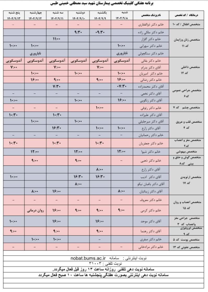 💢برنامه هفتگی کلینیک تخصصی بیمارستان شهید سید مصطفی خمینی طبس ☎️تلفن نوبت دهی: ۳۱۰۰۳ ✅نوبت دهی تلفنی روزانه ساعت ۱۳ روز قبل فعال میگردد ✅ نوبت دهی اینترنتی هفتگی پنجشنبه ها ساعت ۱۰ صبح فعال میگردد 🔹 نوبت دهی سونوگرافی ساعت ۱۲:۰۰ روز قبل فعال می گردد. 🔹 نوبت دهی ام ار آی ( MRI) همه روزه بجز ایام تعطیل صبح ها از ساعت ۸ تا ۱۳ با شماره گیری تلفن ۳۲۳۸۳۰۲۸ و یا بصورت حضوری با مراجعه به واحد سونوگرافی ☎️ تلفن اطلاعات کلینیک تخصصی ۳۲۳۸۳۰۱۱ ۳۲۳۸۳۰۹۷ ۳۲۳۸۳۰۹۸ 📱 سامانه نوبت دهی اینترنتی: Nobat.bums.ac.ir 🔵 کلینیک دیابت روزهای دوشنبه و چهارشنبه 🔵 کلینیک ناباروری روزهای شنبه و چهارشنبه 🔵 کلینیک تغذیه روزهای سه شنبه و چهارشنبه ساعت ۱۶ 🔵 اسپیرومتری(تست تنفس) به صورت روزانه ✍روابط عمومی شبکه بهداشت و درمان شهرستان طبس @eshkabar