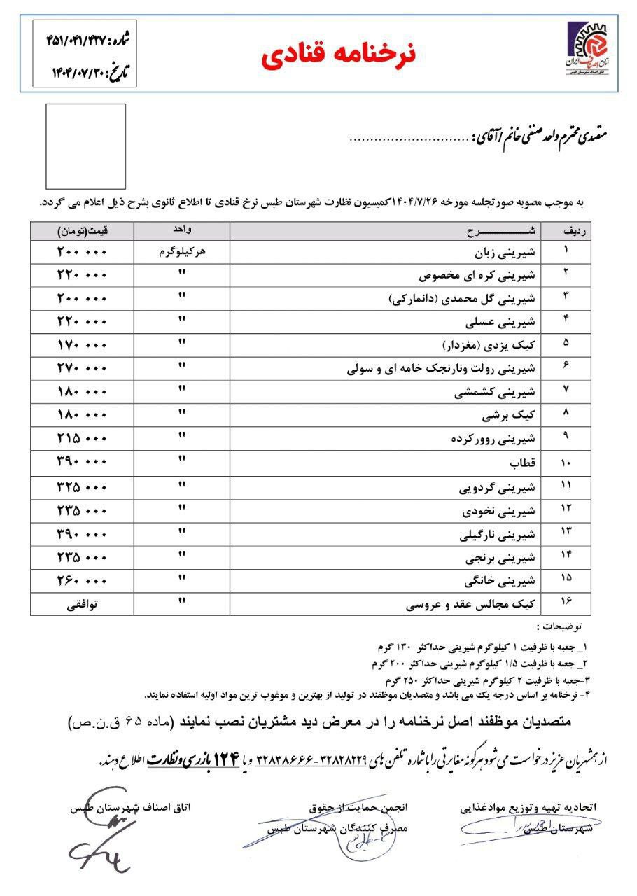نرخنامه قنادی ┄┅═☫ عشق آبادخبر ☫═┅┄ @eshkabar
