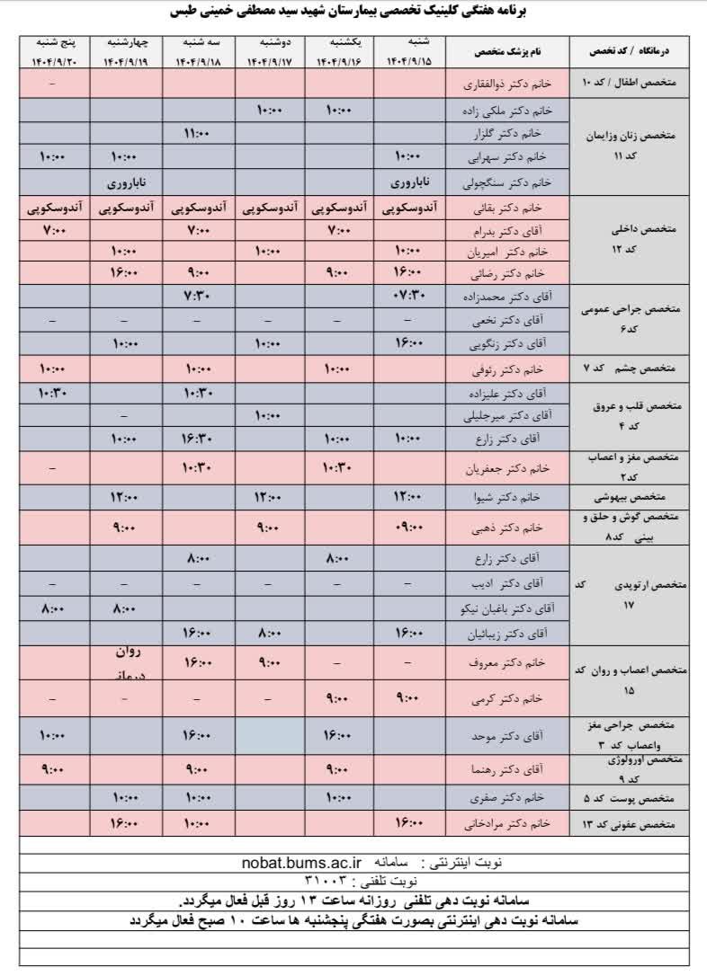 💢برنامه هفتگی کلینیک تخصصی بیمارستان شهید سید مصطفی خمینی طبس ☎️تلفن نوبت دهی: ۳۱۰۰۳ ✅نوبت دهی تلفنی روزانه ساعت ۱۳ روز قبل فعال میگردد ✅ نوبت دهی اینترنتی هفتگی پنجشنبه ها ساعت ۱۰ صبح فعال میگردد 🔹 نوبت دهی سونوگرافی ساعت ۱۲:۰۰ روز قبل فعال می گردد. 🔹 نوبت دهی ام ار آی ( MRI) همه روزه بجز ایام تعطیل صبح ها از ساعت ۸ تا ۱۳ با شماره گیری تلفن ۳۲۳۸۳۰۲۸ و یا بصورت حضوری با مراجعه به واحد سونوگرافی ☎️ تلفن اطلاعات کلینیک تخصصی ۳۲۳۸۳۰۱۱ ۳۲۳۸۳۰۹۷ ۳۲۳۸۳۰۹۸ 📱 سامانه نوبت دهی اینترنتی: Nobat.bums.ac.ir 🔵 کلینیک دیابت روزهای دوشنبه و چهارشنبه 🔵 کلینیک ناباروری روزهای شنبه و چهارشنبه 🔵 کلینیک تغذیه روزهای سه شنبه و چهارشنبه ساعت ۱۶ 🔵 اسپیرومتری(تست تنفس) به صورت روزانه ✍روابط عمومی شبکه بهداشت و درمان شهرستان طبس @eshkabar