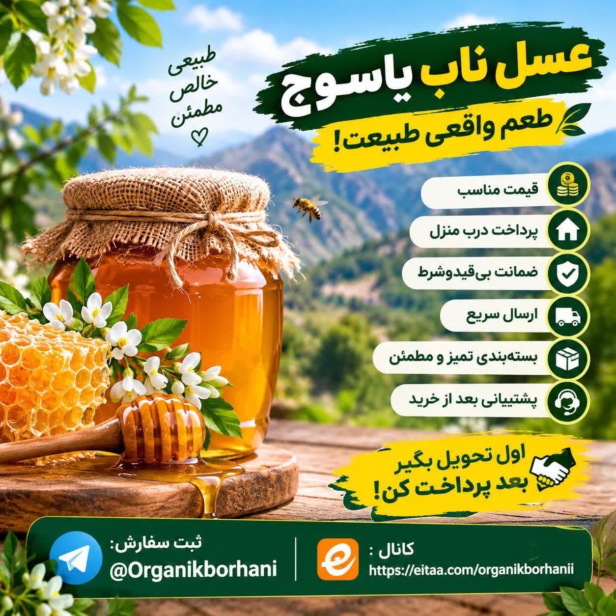 🚨🚨🚨خبــــرفــــــــوری 🍯 عسل ناب یاسوج؛ طعم واقعی طبیعت!😍 ✅ قیمت مناسب 🏠 پرداخت درب منزل 🛡️ ضمانت بی‌قیدوشرط 🚚 ارسال سریع 📦 بسته‌بندی تمیز و مطمئن 💬 پشتیبانی بعد از خرید اول با خیال راحت سفارش بده، بعد از تحویل پرداخت کن! 🤝 🍯 ثبت سفارش👇 📲 @Organikborhani 🔗 محصولات ارگانیک برهانی👇 @organikborhanii عسل چهل گیاه یاسوج مستقیم از کندو عسل منصور برهانی عشق آباد @eshkabar
