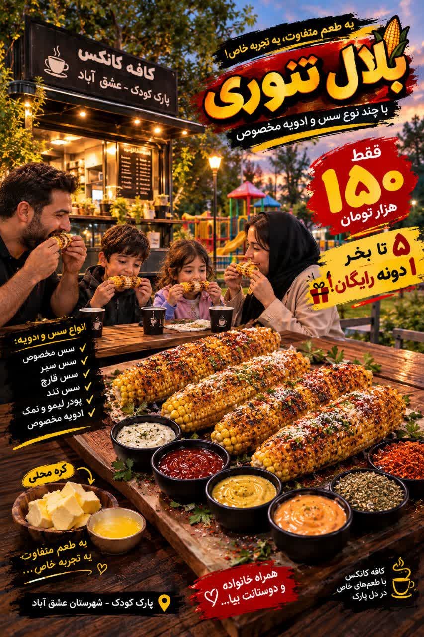 🌽✨ بلال تنوری داغ و خوشمزه، حال خوبِ دورهمی! ✨🌽 اگه دنبال یه خوراکی متفاوت و خوش‌طعم برای شب‌نشینی هستی، بلال تنوری کافه کانکس رو از دست نده ! 😋 بلال‌ها با دستگاه مخصوص و ترکیبی از سس‌ها در طعم های مختلف و ادویه‌های ویژه و کره محلی درجه یک پخته میشن تا هر لقمه پر از عطر و مزه خاص باشه 🤤 💰قیمت هر بلال: فقط و فقط ۱۵۰ هزار تومان (زیر قیمت بازار) 🎁 پیشنهاد ویژه: ۵ تا بخر، یکی مهمون ما باش 🌹 با خانواده و دوستات بیا پارک کودک ، از هوای خنک ، فضای دلنشین کافه و موسیقی لذت ببر و در کنارش یه بلال تنوری داغ و تازه میل کن  🌙🔥🌽 📍 پارک کودک شهرستان عشق‌آباد 09964180595 مرادی ⏰ تایم کاری : از 6 غروب تا 12 شب ☕ منتظر دیدارتون هستیم این پست رو برای دوستات بفرست و همراه‌های خوش‌خوراکت رو تگ کن ❤️ #بلال_تنوری #کافه_کانکس #عشق_آباد #پارک_کودک #خوراکی_خوشمزه #پیشنهاد_ویژه @eshkabar