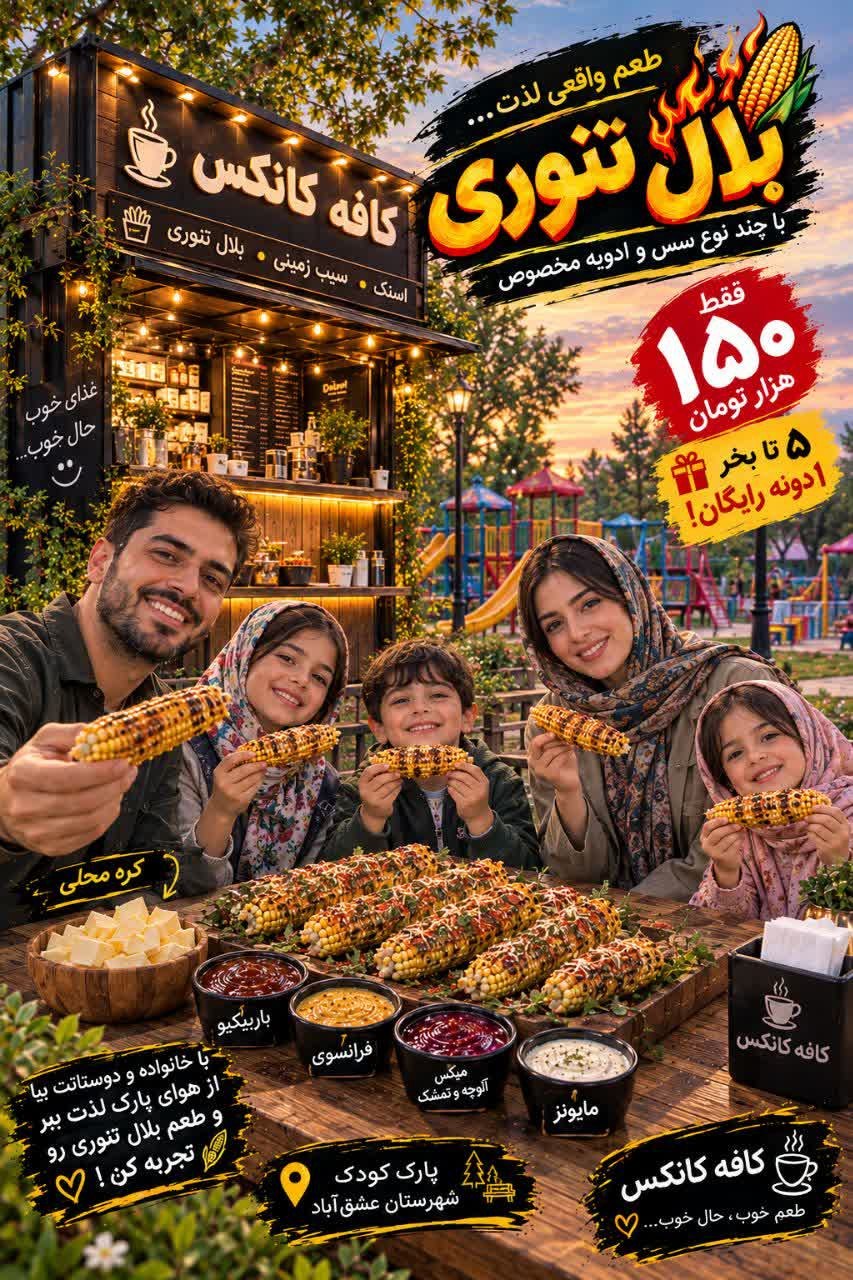 🌽🔥 بلال تنوری کافه کانکس؛ طعمی که فراموش نمیکنی! 🔥🌽 دنبال یه طعم متفاوت برای دورهمیهای شبانهات هستی؟ 😍 🤤 بلال تنوری داغ و تازه، پختهشده با دستگاه مخصوص، همراه با سسهای متنوع، ادویههای ویژه و کره محلی درجهیک؛ ترکیبی که عطر و طعمش اشتها رو چند برابر میکنه! 💰 قیمت هر بلال: فقط ۱۵۰ هزار تومان! 🎁 ۵ تا بخر، ششمی مهمون ما! 🌹 🍅🌶 سس باربیکیو 🧀 سس فرانسوی 🍇 میکس آلوچه ، انار و تمشک 🥣 سس مایونز 🧈 کره محلی و ادویه مخصوص 🌙 یه شب دلنشین، یه فضای دوستداشتنی، موسیقی و یه بلال داغ کنار خانواده و دوستات! 📍 پارک کودک شهرستان عشقآباد 📞 سفارش و هماهنگی: 09964180595 👤 مرادی 🕰 از ساعت 6 غروب تا 12 شب در خدمت شما عزیزان هستیم 🌹 ☕ کافه کانکس؛ طعم خوب، حال خوب! ❤️ این پست رو برای رفیقات بفرست تا دورهمی بعدیتون خوشمزهتر بشه! #بلال_تنوری #کافه_کانکس #عشق_آباد #پارک_کودک #پیشنهاد_ویژه @eshkabar