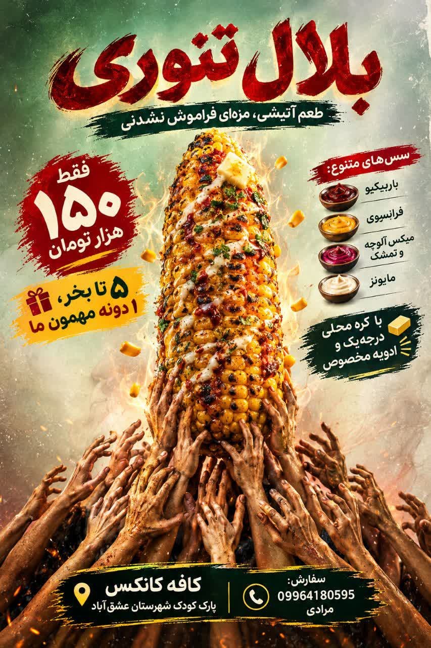 🚨🌽 آماده یه طعم آتیشی هستی؟! 🔥 یه بلال معمولی نه؛ یه بلال تنوری خوش‌رنگ‌ولعاب با سس‌های خوشمزه، ادویه مخصوص و کره محلی درجه‌یک! 🤤 💥 فقط ۱۵۰ هزار تومان (کمترین هزینه ممکن) 🎁 ۵ تا بخر، یکی رایگان ببر! یعنی شش تا بلال برای دورهمی‌تون؛ با پول پنج تا! 😍 🔥 باربیکیو 🔥 فرانسوی 🔥 میکس آلوچه جنگلی ، انار و تمشک 🔥 مایونز 🔥 کره محلی و ادویه مخصوص امشب بهونه رو کنار بذار، رفیقات رو جمع کن و بیا یه طعم متفاوت رو امتحان کن! 📍 پارک کودک عشق‌آباد 📞 09964180595 | مرادی 🕰 6 غروب تا 12 شب ✅ برای اینکه معطل نشین، لطفاً ۱۵ تا ۲۰ دقیقه قبل از مراجعه تماس بگیرین و هماهنگ کنین 🙏🏼🌹 🌽 بلال تنوری کافه کانکس؛ یه لقمه خوشمزگی، یه عالمه حال خوب! این پیشنهاد خوشمزه رو برای رفیقات بفرست! ❤️ #بلال_تنوری #عشق_آباد #کافه_کانکس @eshkabar