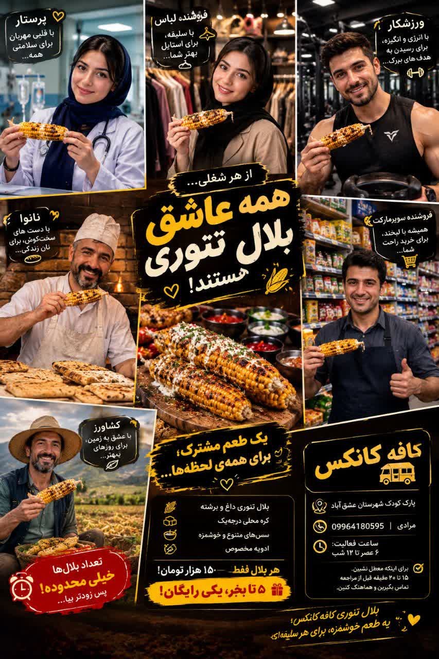 🌽🔥 یه طعم، هزار تا بهونه برای خوشحال بودن؛ برای هر سلیقه‌ای! 😋💛 بلال تنوری داغ با کره محلی درجه‌یک، سس‌های مخصوص و ادویه تازه ؛ از طعم‌های ملایم تا مزه‌های خاص و دلپذیر ! 🧈🧂🥫 💰 هر بلال فقط ۱۵۰ هزار تومان ( نصف قیمت بازار ) 🎁 ۵ تا بخر، ششمی مهمون ما! 🚨 تعداد بلال‌ها محدوده؛ زودتر بیا که تموم نشه! 📍 پارک کودک عشق‌آباد 📞 09964180595 | مرادی 🕰 از ساعت 18 تا 24 درخدمتیم 🌹 ❤️ کافه کانکس؛ طعم خوب،حال خوب 🌽🔥 @eshkabar