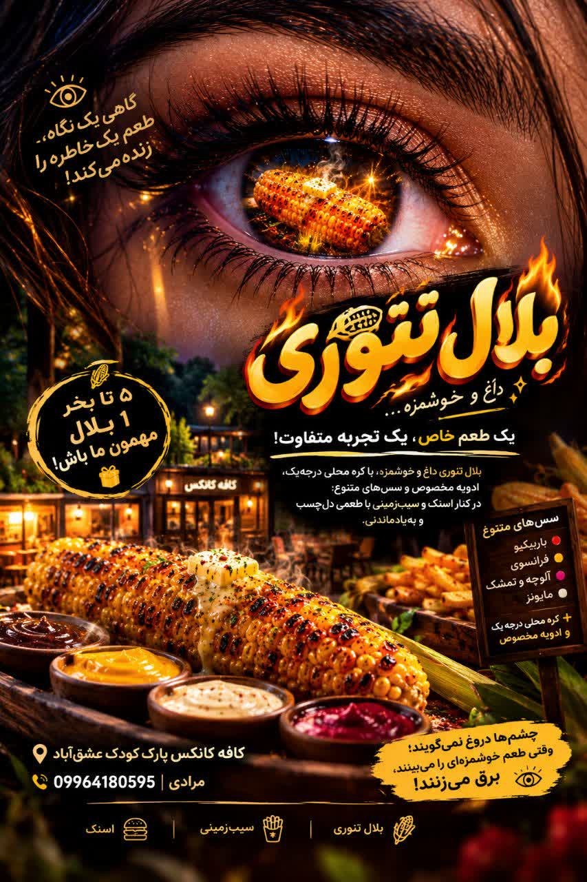 🔥 بعضی طعم‌ها رو فقط نمی‌چشی؛ با تمام وجود عاشقشون می‌شی ! 🌽♥️ 🔥 بلال تنوری؛ طعمی که چشم‌ها رو خیره می‌کنه و خاطره می‌سازه 👁🤩 🌶️ سس باربیکیو، فرانسوی، آلوچه و تمشک، مایونز و کلی طعم جذاب دیگه؛ در کنار اسنک و سیب‌زمینی خوشمزه ! 🍟🥪 🎁 یه پیشنهاد خوشمزه و استثنایی ! ۵ تا بلال بخر، ششمی رو مهمون ما باش ! 🌽  🕰 از ساعت ۱۸ تا ۲۴ در خدمت شما عزیزان هستیم 🌹 📍 کافه کانکس پارک کودک عشق‌آباد 📞 09964180595 | مرادی @eshkabar